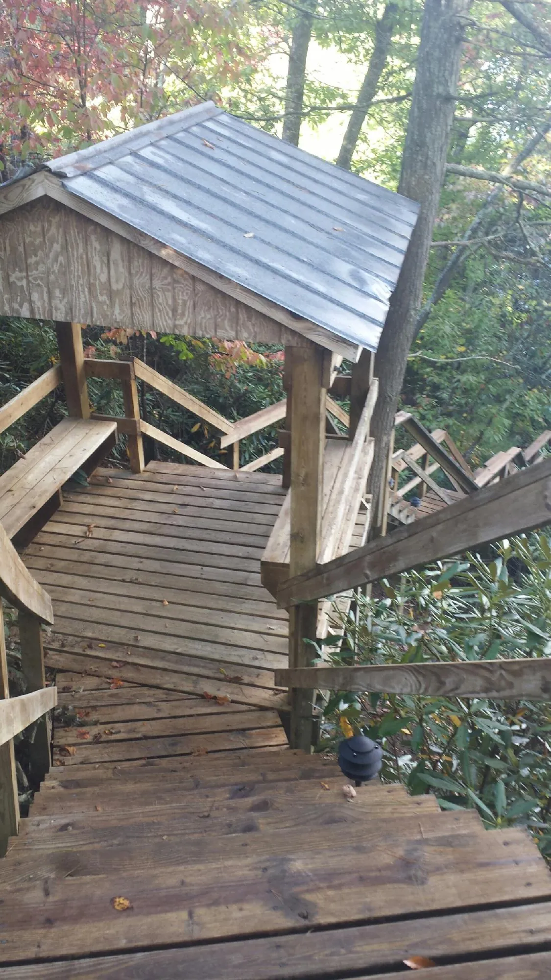 Metal roofed shelter over wooden steps on a wooded walkway — Skylight Repair & Installation work by our crew in Mancelona
